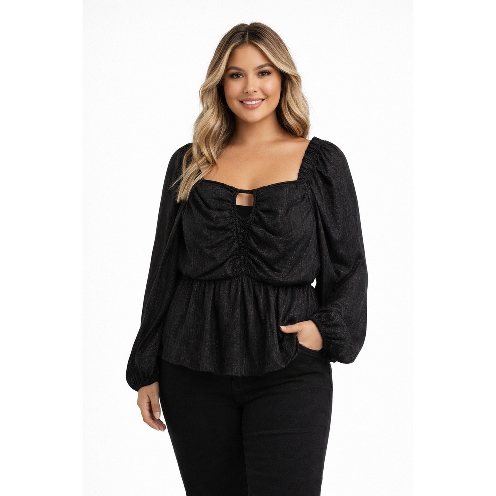 NWT Torrid 2X Black Metallic Pinstripe Peplum Smocked Keyhole Blouse Top New